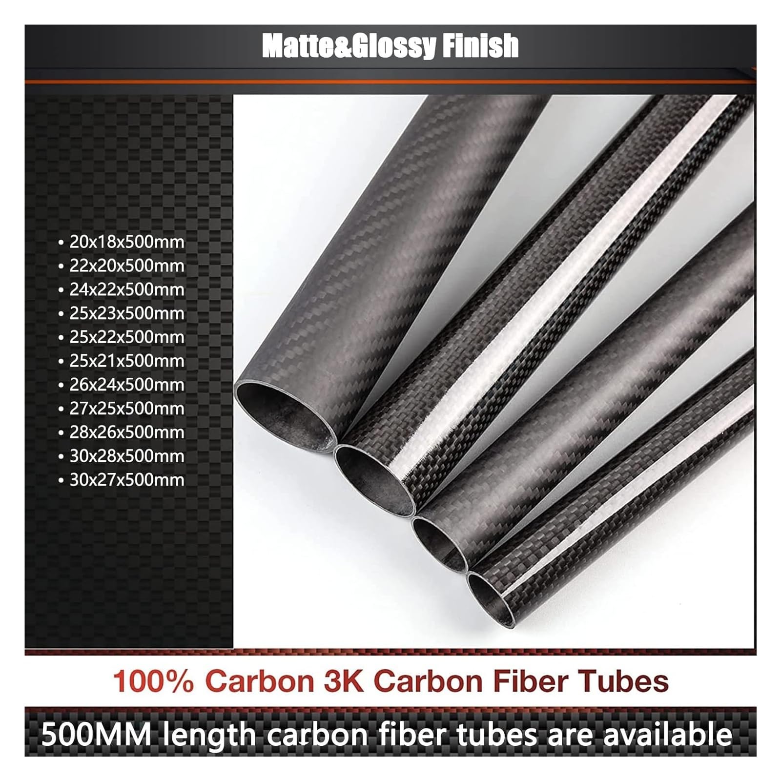 Tubo in fibra di carbonio, Tubi CF cavi lucidi avvolti in tessuto normale 3K da 500 mm, confezione 2 multicotteri fai-da-te di molte dimensioni(26x24x500mm)