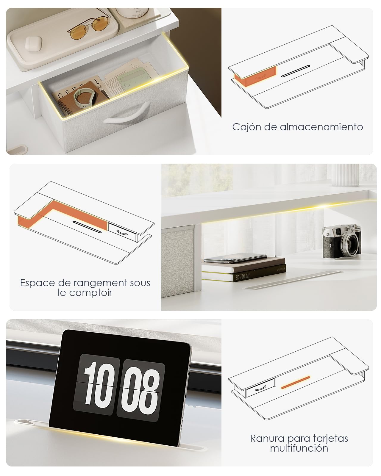 OffiGo Escritorio Elevable con Cajón y USB, 140×60 cm, Weiß | Soporte para monitor en L, 3 memorias, escritorio eléctrico regulable para oficina en casa, USB integrado, 72-121 cm