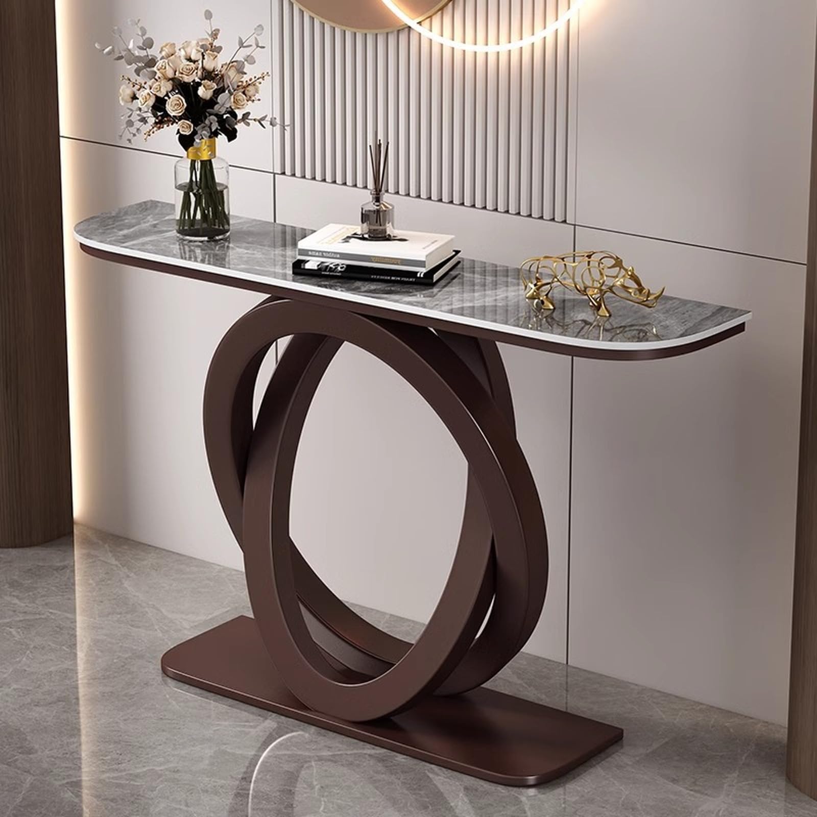 MESCXTY Console Table, Modern Entryway Table with Oval Frame, Narrow Faux Marble Accent for Living Room, Hallway, Entrance(39 Inch, Gray & Brown)