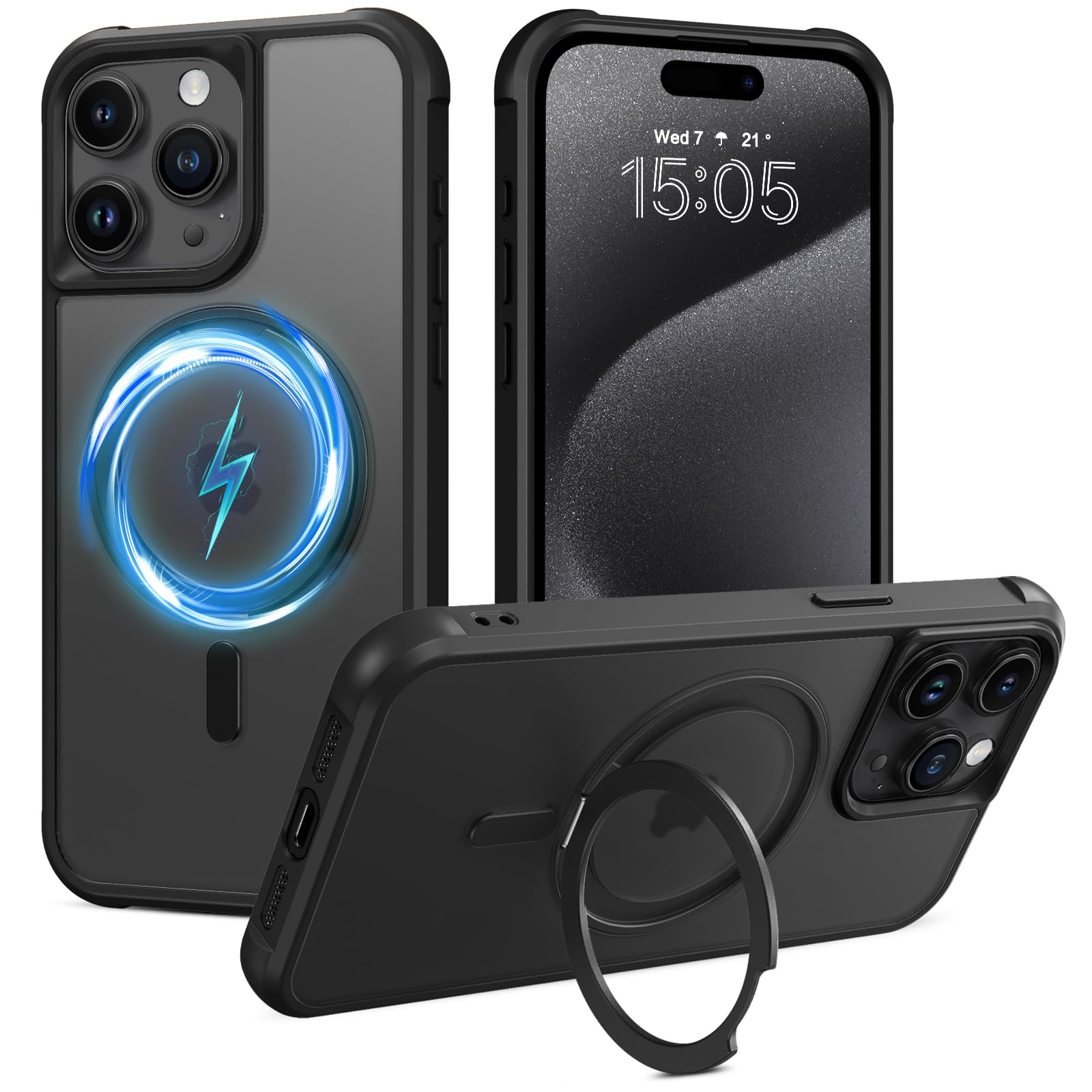 BENTOBEN Magnetic for iPhone 15 Pro Max Case, Phone Case iPhone 15 Pro Max with Magsafe Invisible Stand Kickstand Ring Holder Slim Thin Shockproof Bumper Women Men Cover for 15 Pro Max 6.7", Black