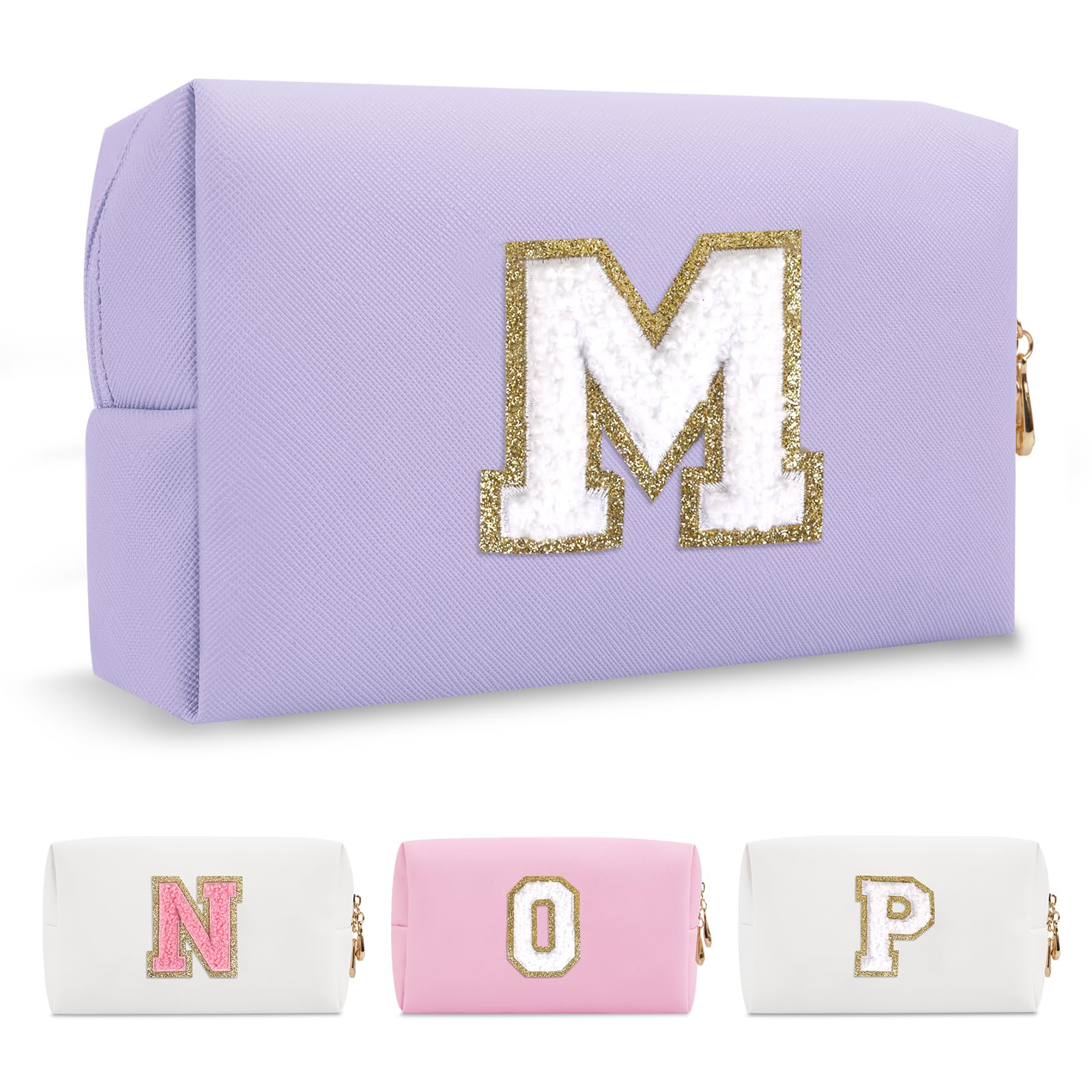 Personalized Makeup Bag Initial A-Z Preppy Patch Bag,Small PU Leather Travel Cosmetic Bag Pouch with Zipper,Purple Cute Toiletry Bag,Gift Ideal for