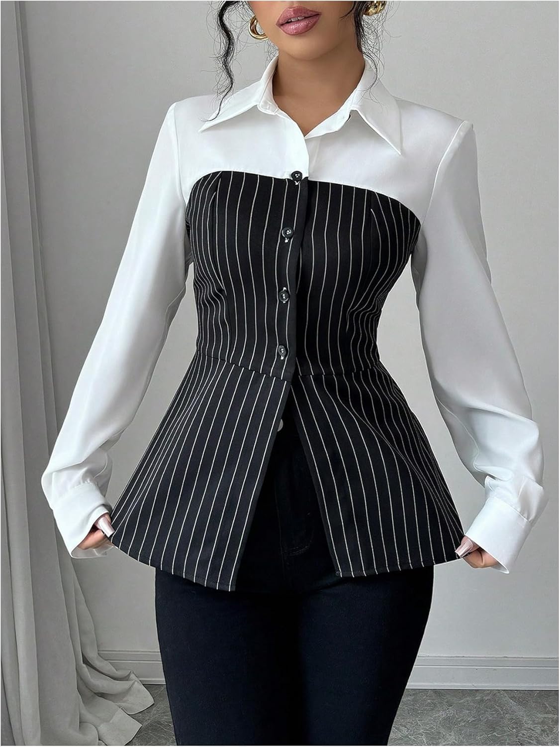 SweatyRocks Women's Long Sleeve Button Down Fitted Color Block Striped Blouses Shirts Elegant Work Tops - Image 5