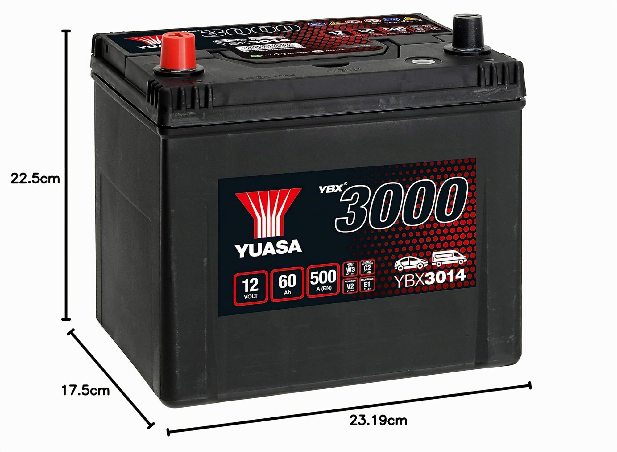 YUASA Batteria 60, Ah 500, A/EN YBX3014 L 232mm B 175mm H 225mm Compatibilità con TOYOTA Yaris Hatchback P13, KIA SPORTAGE SL