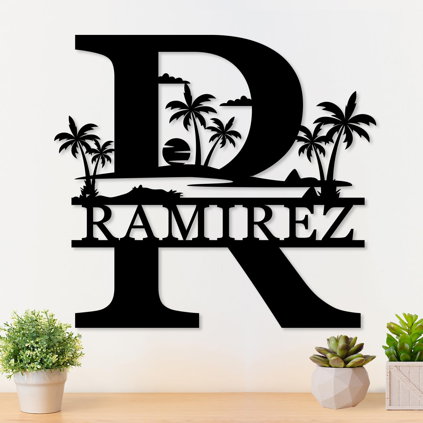 Personalized Last Name Sign for Home, Split Letter Monogram Wall Decor, Metal Name Signs Personalized, Metal Family Name Sign For Outdoor, Palm Tree