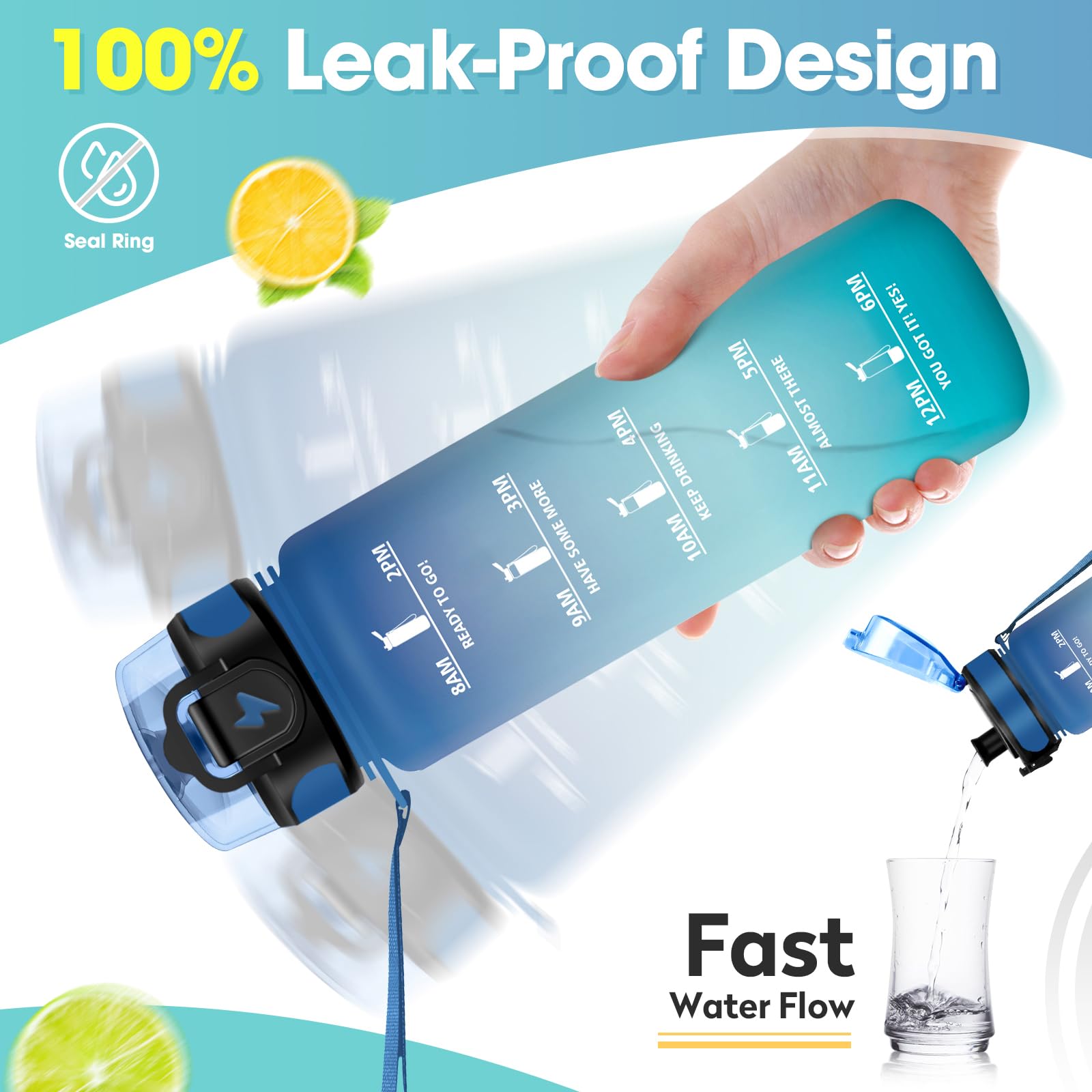 KollyKolla Borraccia 500ml/1L/1.5L,Palestra a Prova di Perdite,Motivazionale con Filtro, Bottiglia d'acqua Sportiva con Indicatore del Tempo, Borraccia per Bambino, Bambina, Sport, Scuola