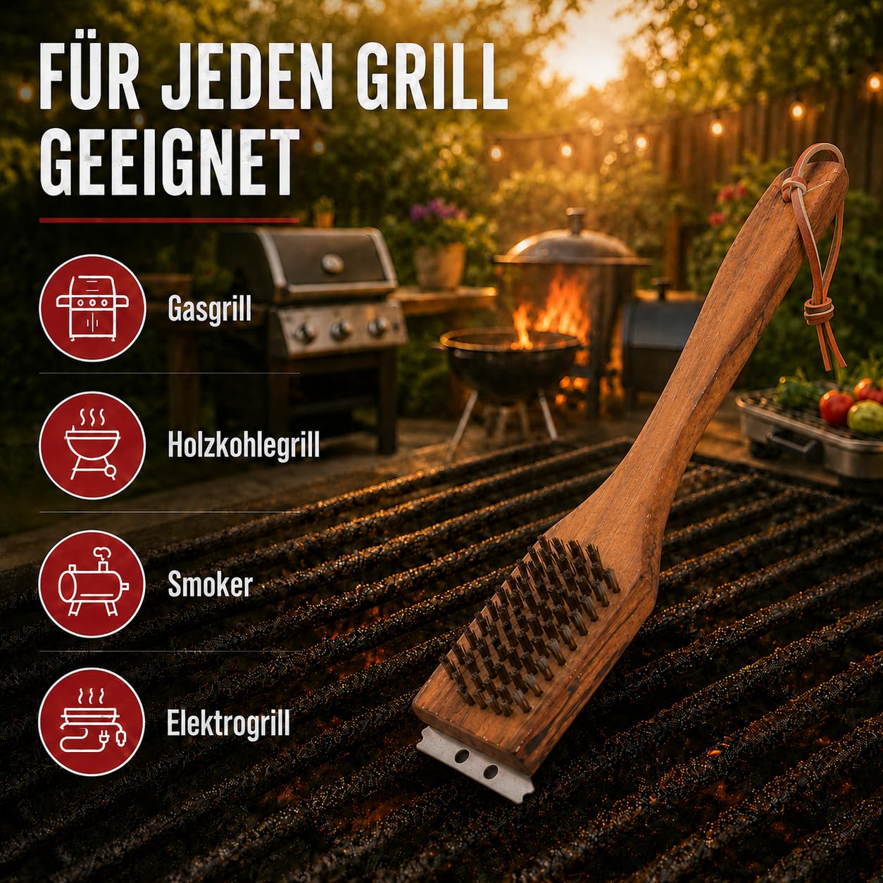 Kyto Cepillo de Limpieza para Barbacoa, Mango de Madera, 31 cm, Accesorio para Barbacoa, Cepillo de Acero, para barbacoas y ahumadores