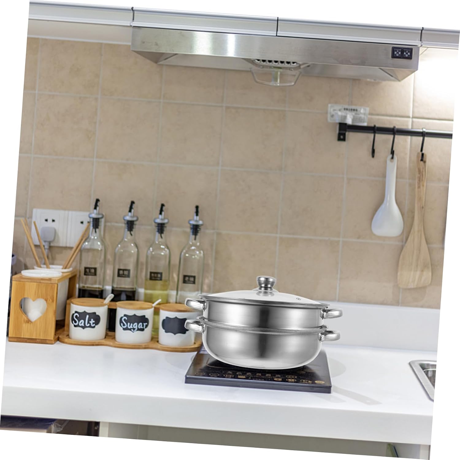 SOLUSTRE 2tier Vegetable Steamer Pot Hooded Soup Steamer Solid Base Double Pot Cookware for Family Meals