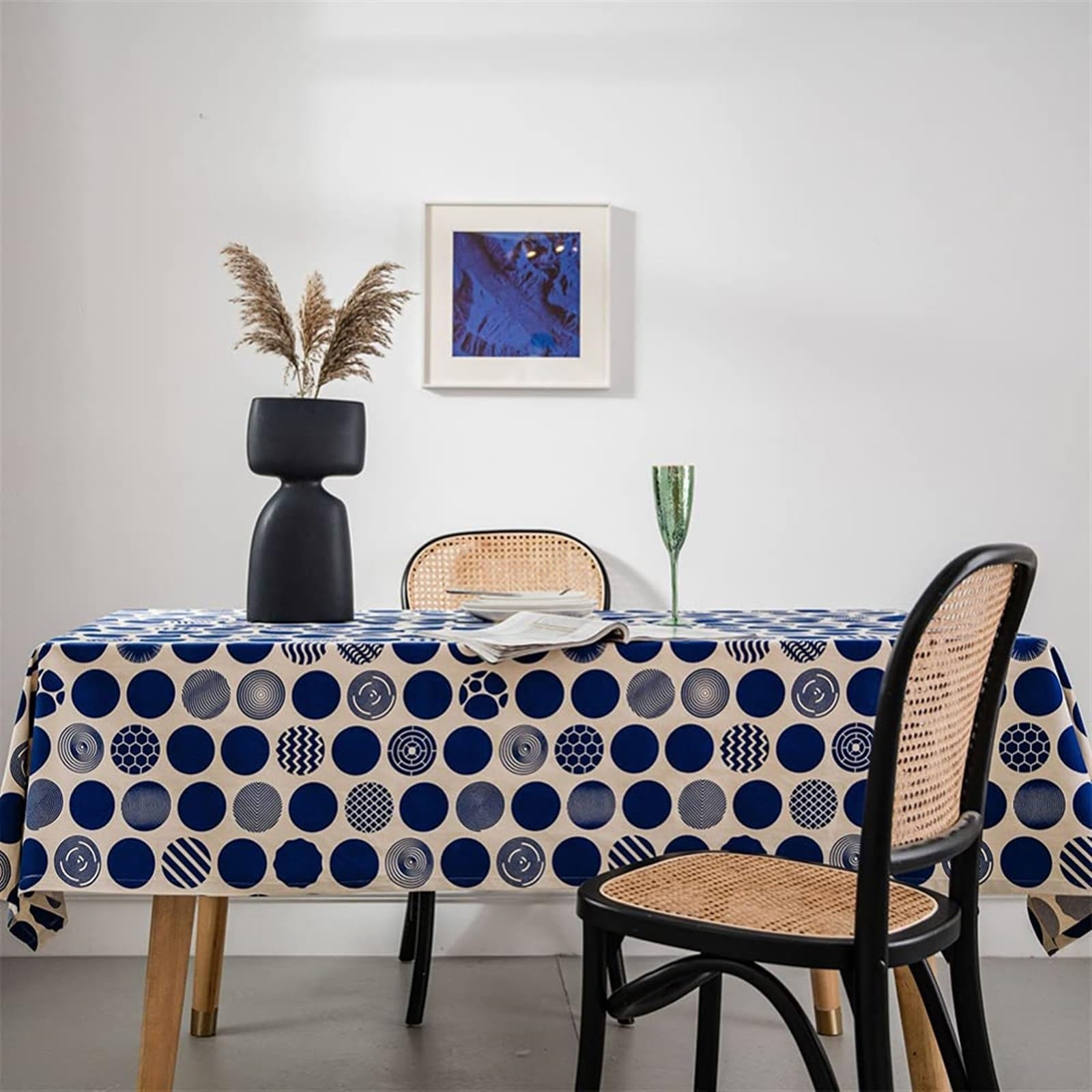 BAHREL Geometryczny obrus bawełniany len nadruk w niebieskie kropki retro minimalistyczny design obrus na stół do jadalni dekoracja kuchni (rozmiar: 140 * 140 cm)