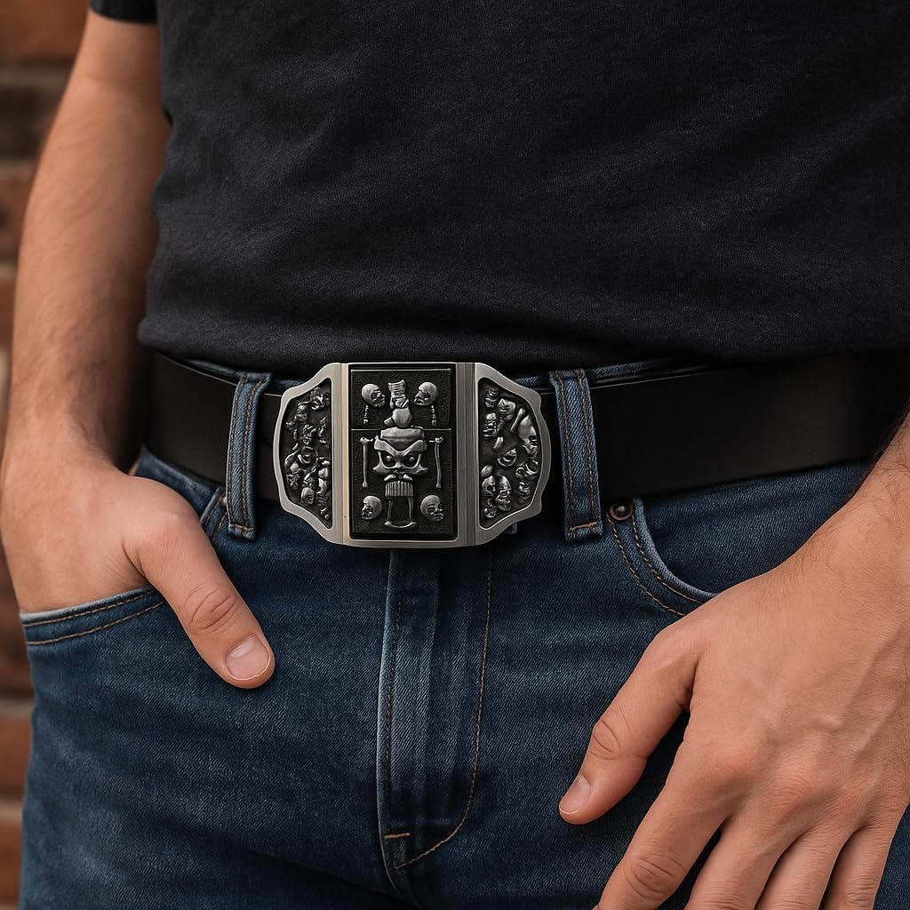 Skulls & Fangs Gothic Belt Buckle with Hidden Lighter + Genuine Leather Belt – Heavy Metal Punk Rock Accessory for Men