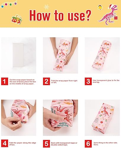 Miniatura 7 de Rollos de papel de regalo de Navidad de dinosaurios, 3 rollos de papel de regalo de dinosaurio rosa de 17 x 120 pulgadas, papel de regalo de