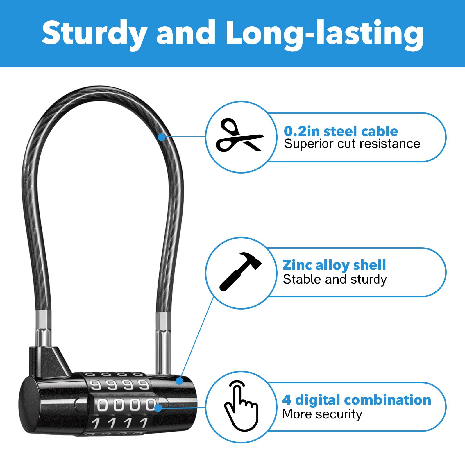 4 Digit Combination Padlock, Steel Cable Padlocks with Code - Image 3