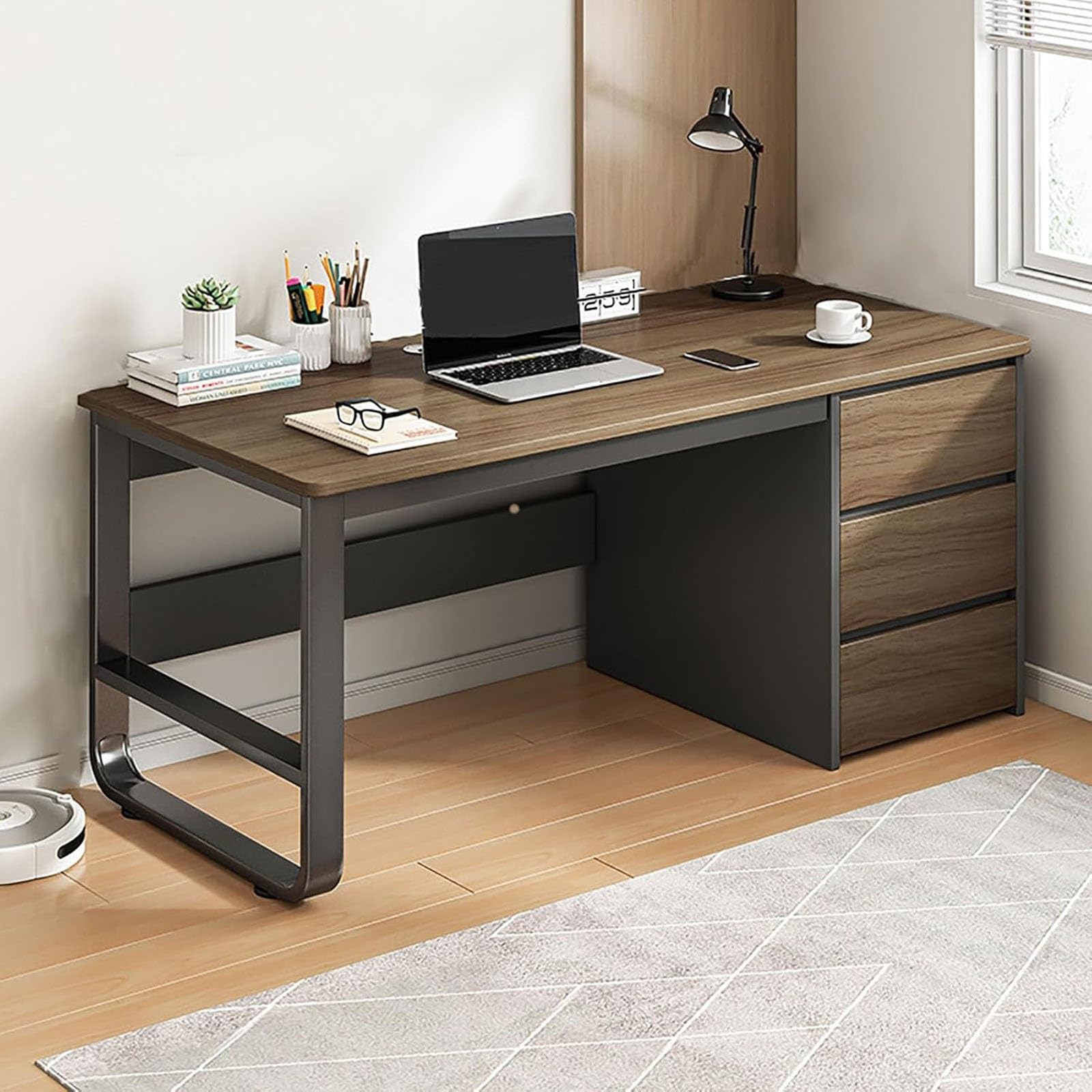 NHPJFDC Computer Desk with Drawer, Extra Long Desk With Storage Cabinet Shelf,Sturdy Writing Table,Computer Gaming Desk,Writing Study Table Workstation for Home Office(Brown,120x50x75cm)