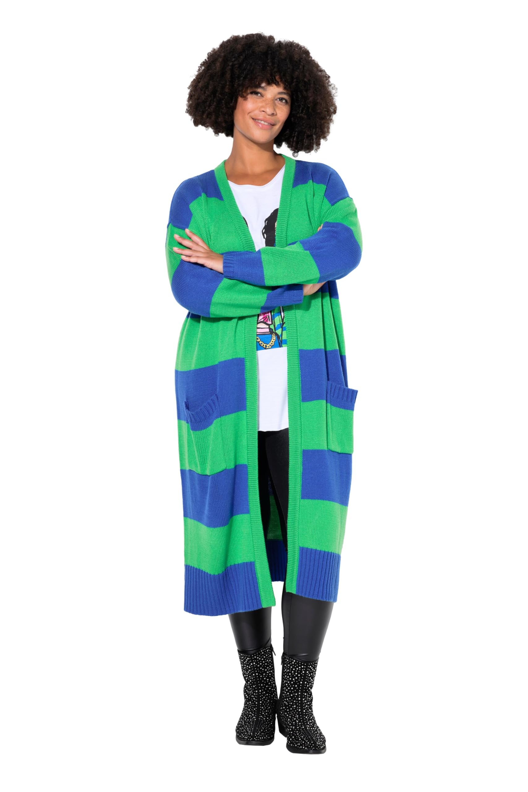 Angel of Style Damen große Größen Übergrößen Plus Size Long-Strickjacke, Straight Fit, Blockstreifen 835297