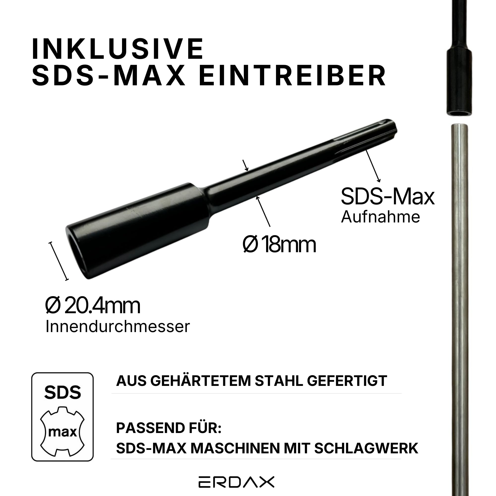 Tiefenerder V4A Set 3x 1m - Erdungsstangen 20mm Durchmesser aus Edelstahl + SDS Max Eintreiber + Kreuzerder Klemme - Erdungsstab für Erdungskabel PV Anlage Staberder 1m Erdung Komplettset