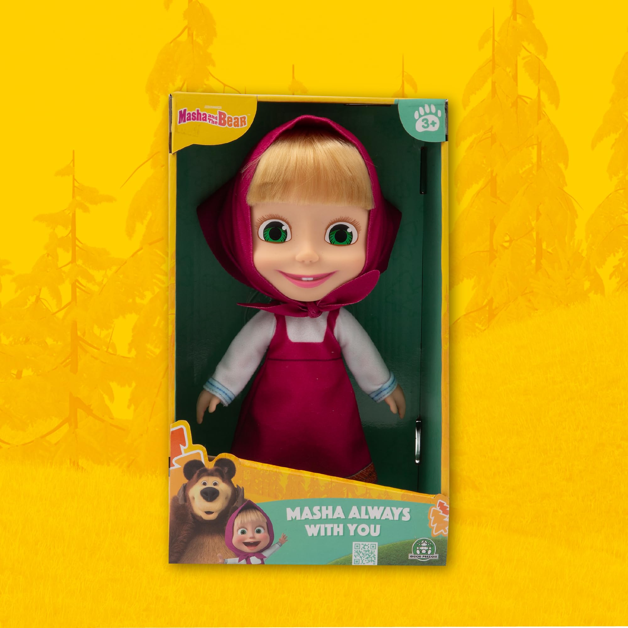 Masha and The Bear, Muñeca de Peluche de 23 cm, Viste Traje Clásico de Masha con su Sombrero, Mismo Aspecto Que en la Serie de Dibujos Animados, Detalles Especiales, Famosa (MHA24000)