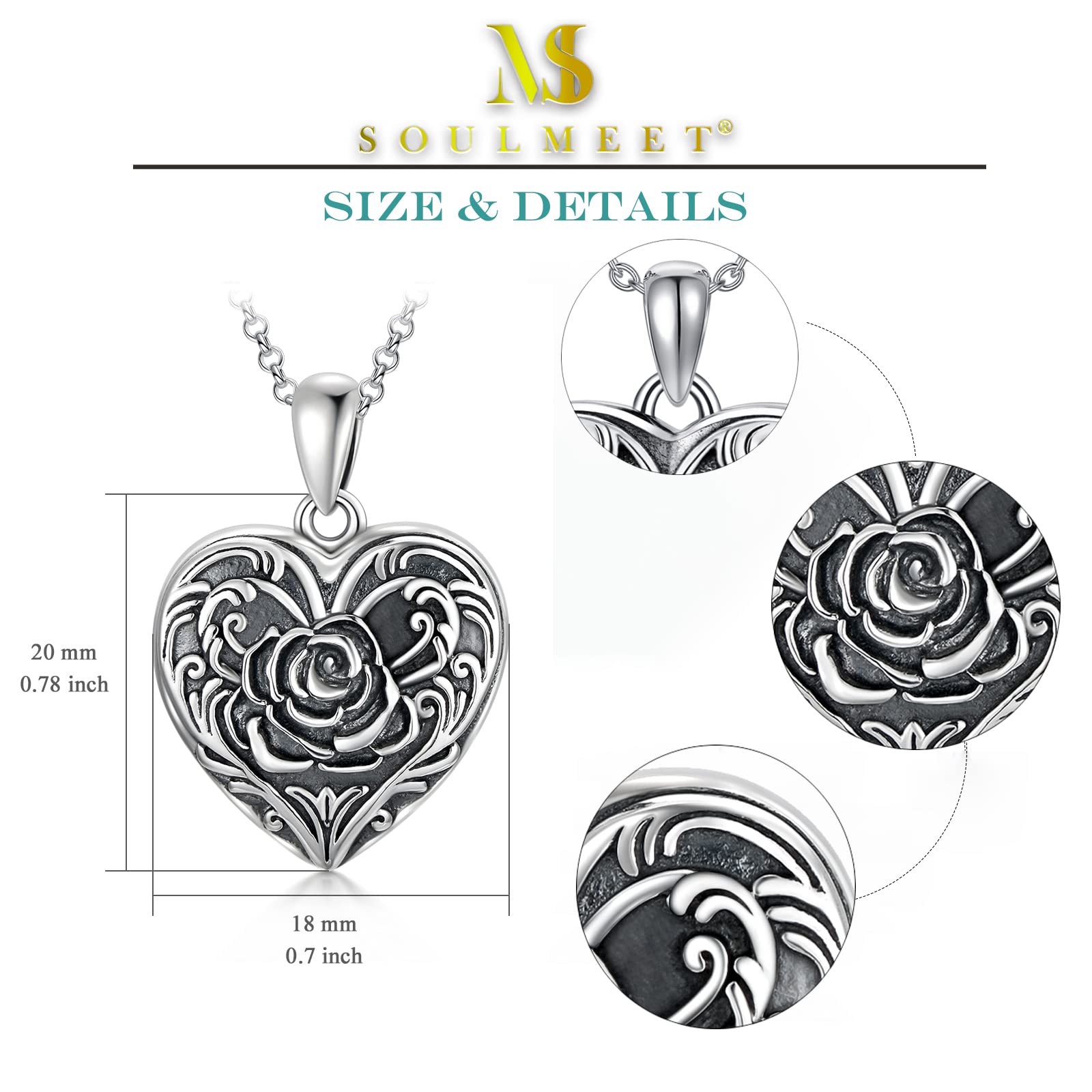 SOULMEET Spersonalizowany medalion ze srebra wysokiej próby 925 w kształcie serca z medalionem na zdjęcia zdjęcia kwiat róży wisiorek naszyjnik dla kobiet dziewczyn