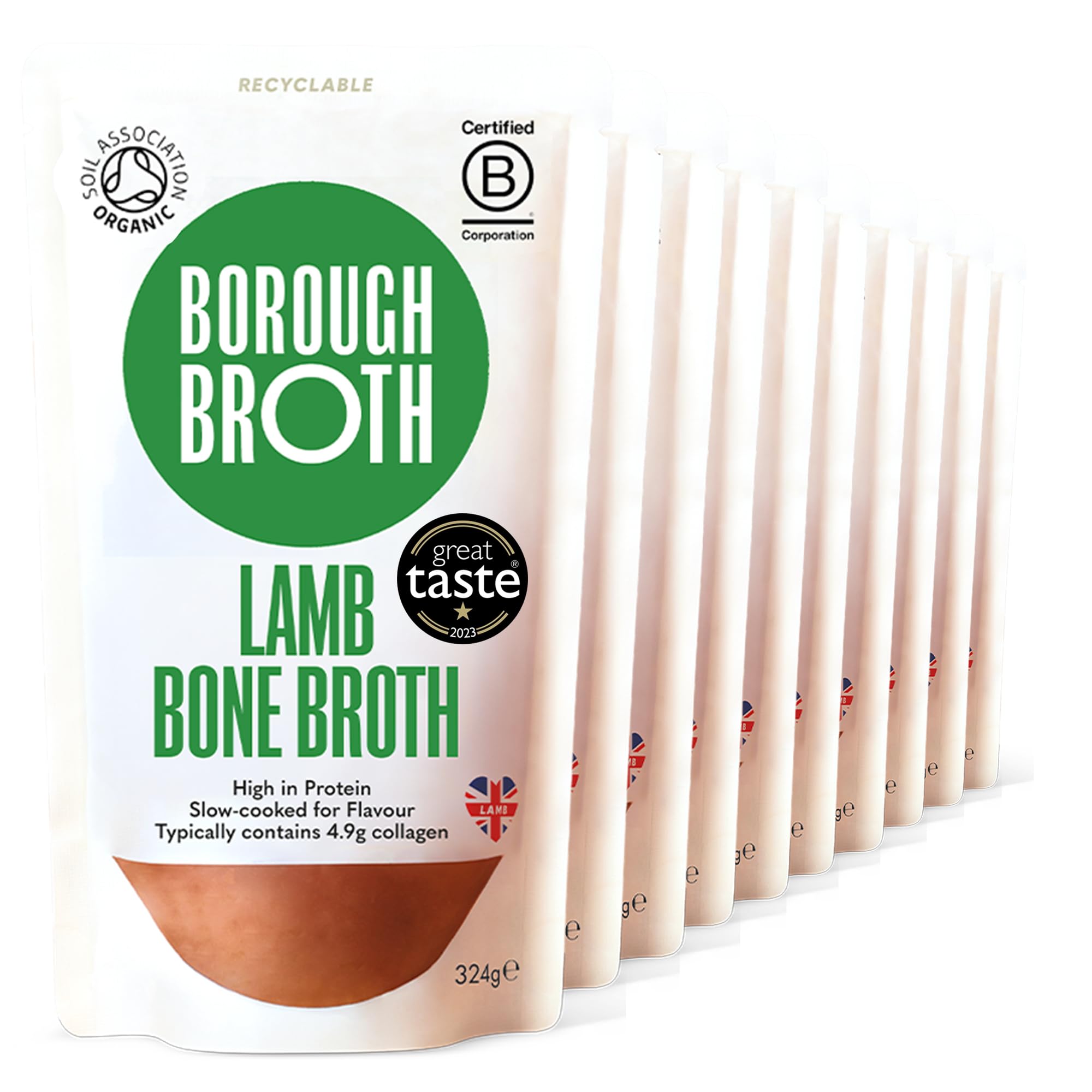 Organic Lamb Bone Broth by Borough Broth - Freshly Made with Grass-Fed Lamb & British Spring Water - High in Collagen & Protein - Low-Cal & Gluten Free - Delivered Chilled - 10 x 324gSoil AssociationSoil AssociationSoil Association