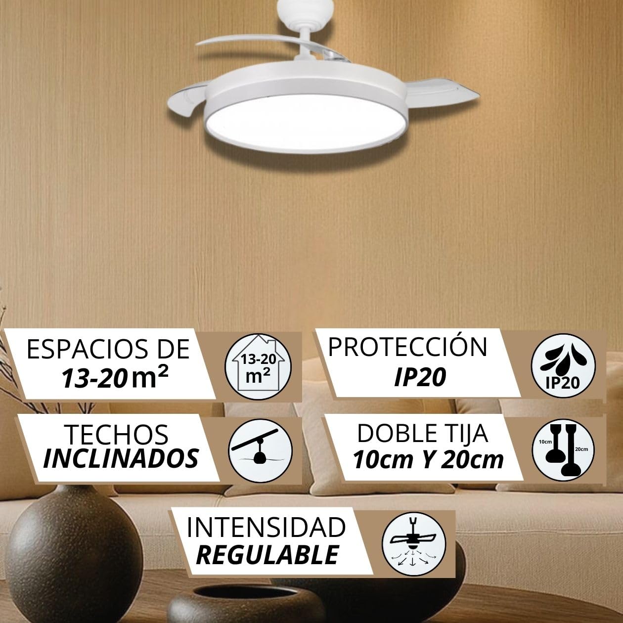 NARVI - Ventilador de Techo NANTES Ø 50 cm | Control Remoto | 3 Palas Transparentes | Iluminación LED Ajustable 60W | Motor DC Eficiente | Función Invierno/Verano | Blanco
