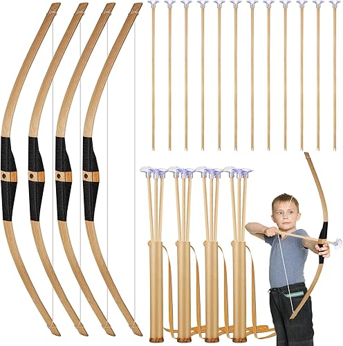 Juego de arco y flecha de madera para niños, incluye 4 lazos de madera, 12 flechas de madera con ventosas y 4 soportes para flechas para jugar al disponible en Yaxa Peru