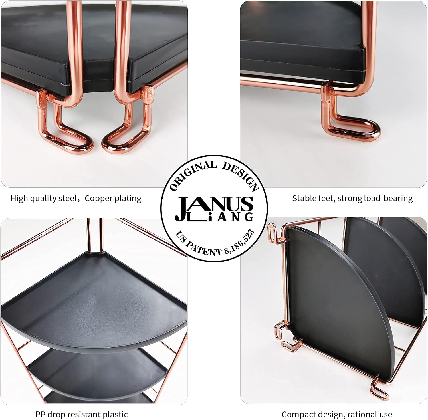 JANUS LiANG 3-Tier Corner Storage Shelf Bathroom Countertop Organizer Stackable Makeup Storage Holder Vanity Tray Cosmetic Rack Standing Kitchen Spice Rack (Rose Gold + Black)