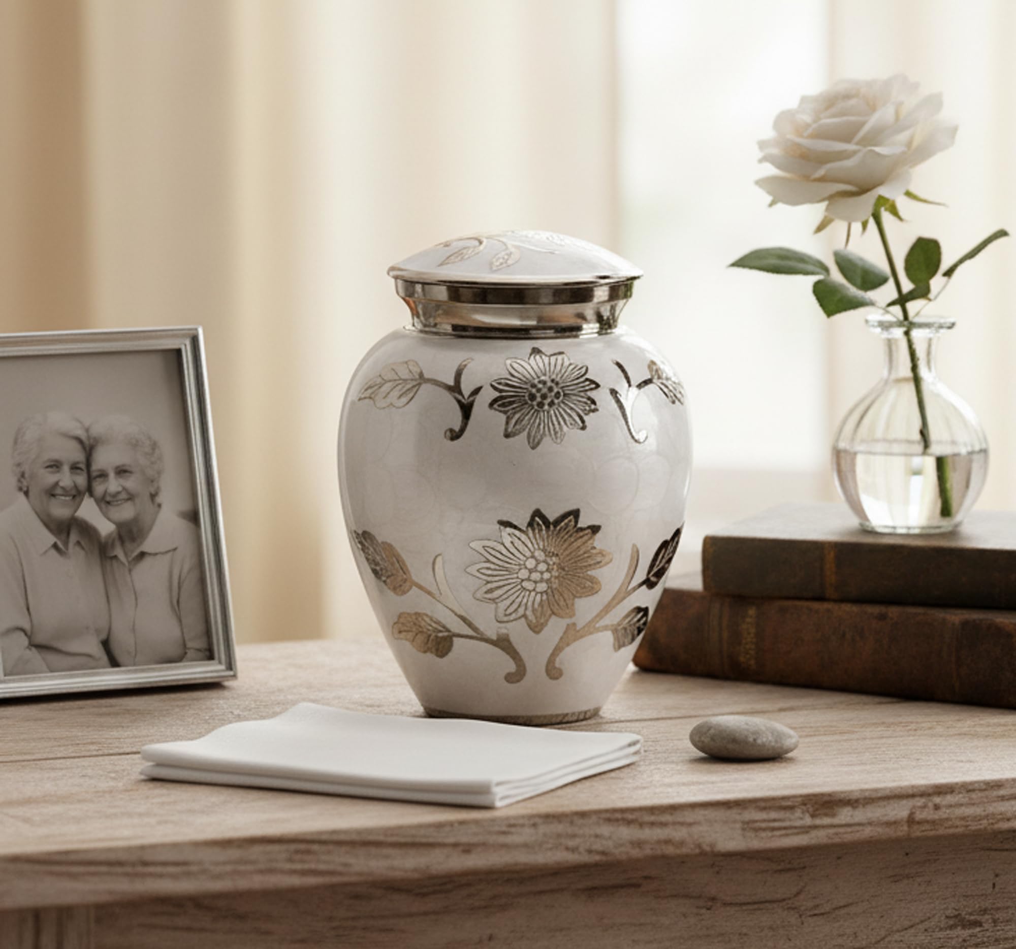 Cremation Urn Memorial Container Jar Pot | Metal Burial Urns | Keepsake for Ashes | Brass - White - 6" Inches (Medium)