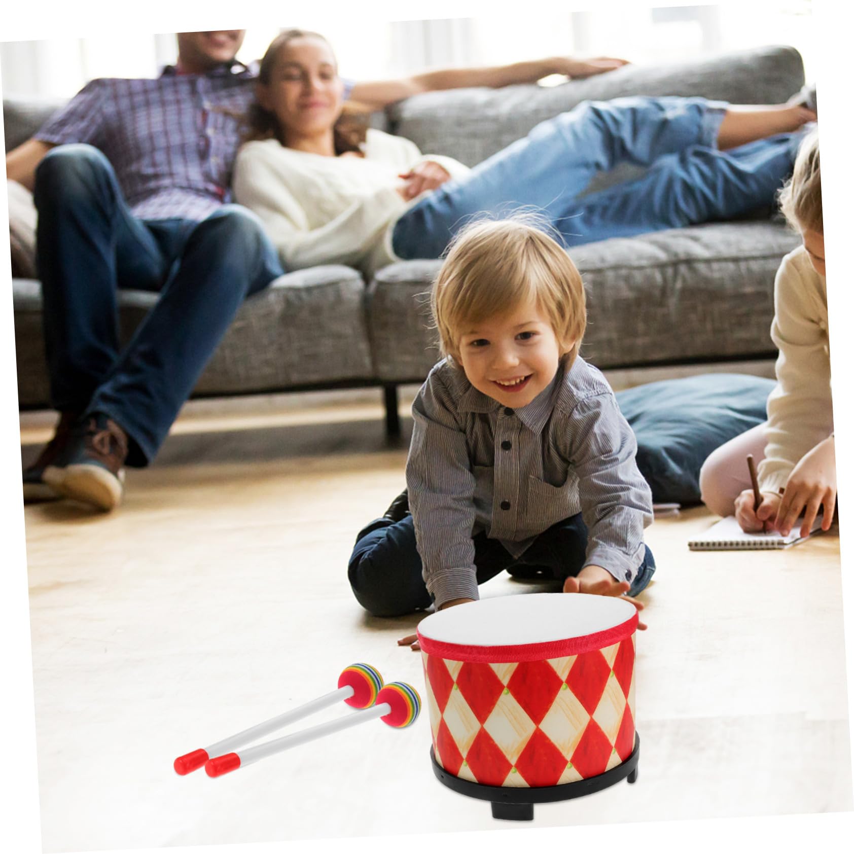 Tamburello a Mano Tamburo Musicale per Bambini Piccoli 20 Cm con Design Rosso a Griglia per Gioco Educativo Individuale e Attività di Gruppo