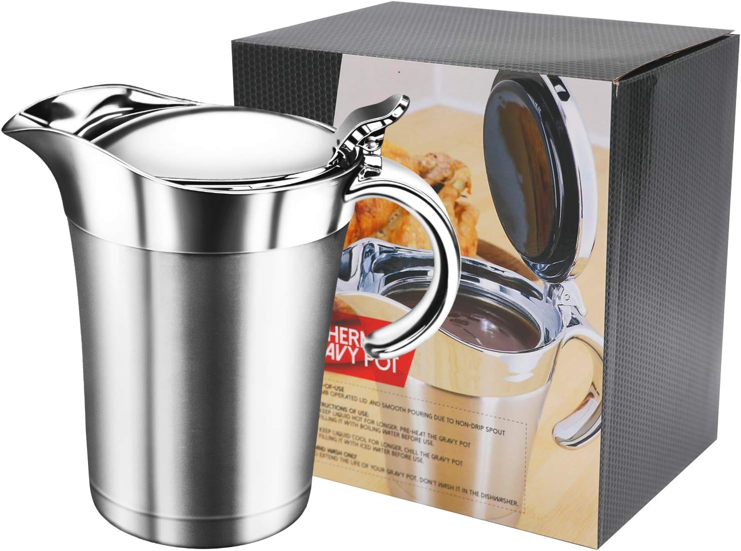 Double Insulated Gravy Boat Stainless Steel Sauce Jug with Hinged Lid Gravy Boats