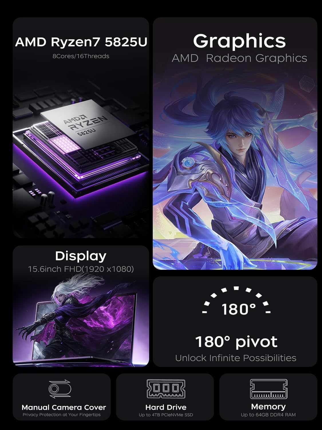 KAIGERR Gaming Laptop, AMD Ryzen 7 5825U(8C/16T, Up to 4.5GHz), 16GB RAM 1TB NVMe SSD, 15.6 inch Windows 11 Laptop, Radeon RX Vega 8 Graphics, Laptop Computer with WiFi 6