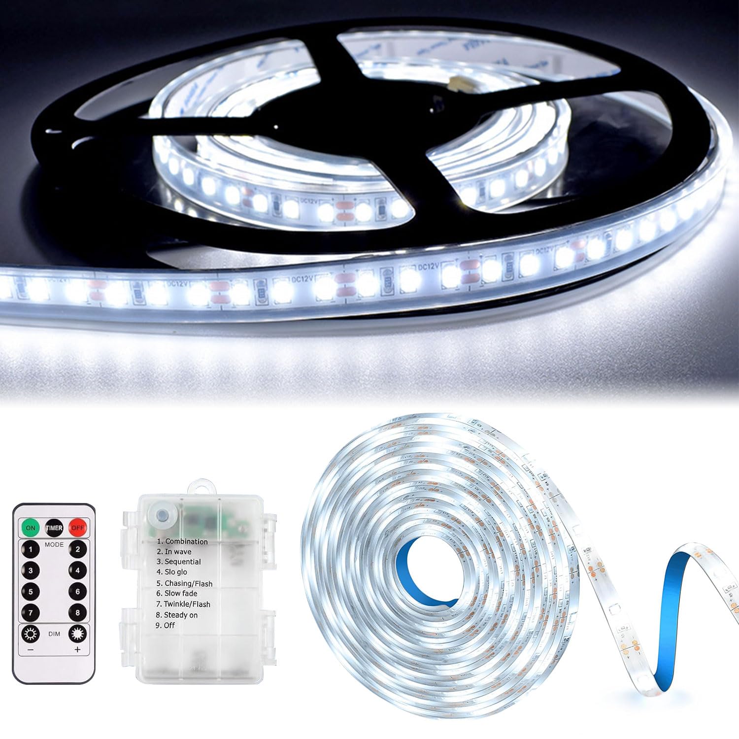 ZeiLaBang Kakadi 3 m LED Strip Battery Operated, LED Strip Battery, 8 Modes Self-Adhesive Light Strips, LED Light Strip Battery with Timer for Cabinets, Stairs, Kitchen, Beds — image 1
