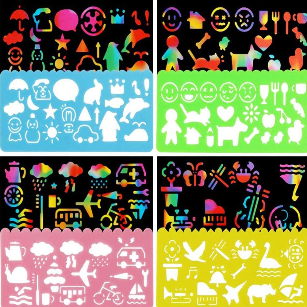 16 Pack Scratch Note Pads Scratch Art Notebooks Rainbow Scratch Paper with 4 Drawing Stencils for Kids Arts and Crafts Perfect Travel Activity or Gift for Girls Boys Teens