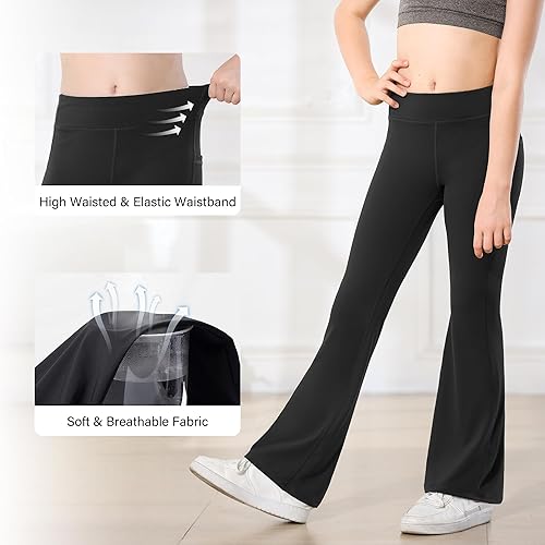 Miniatura 4 de Stelle Leggings acampanados para niña con bolsillos, cintura alta, corte de bota, pantalones de yoga para danza, pantalones acampanados