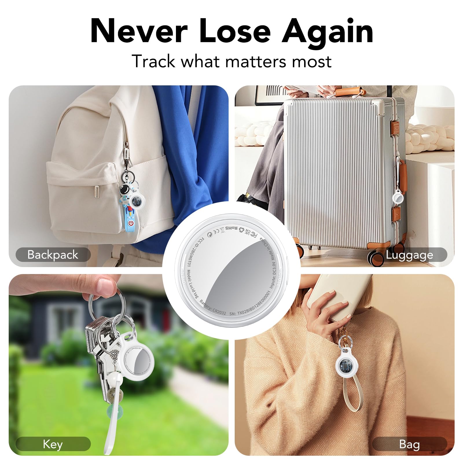 Air Tracker Tags Bluetooth Item Finder-4 Pack White, Compatible with Apple Find My APP (iOS Only), 100dB Beep, Smart Tag Replaceable Battery, air tag and Locator for Keys/Luggage/Bags/Wallet — view 6