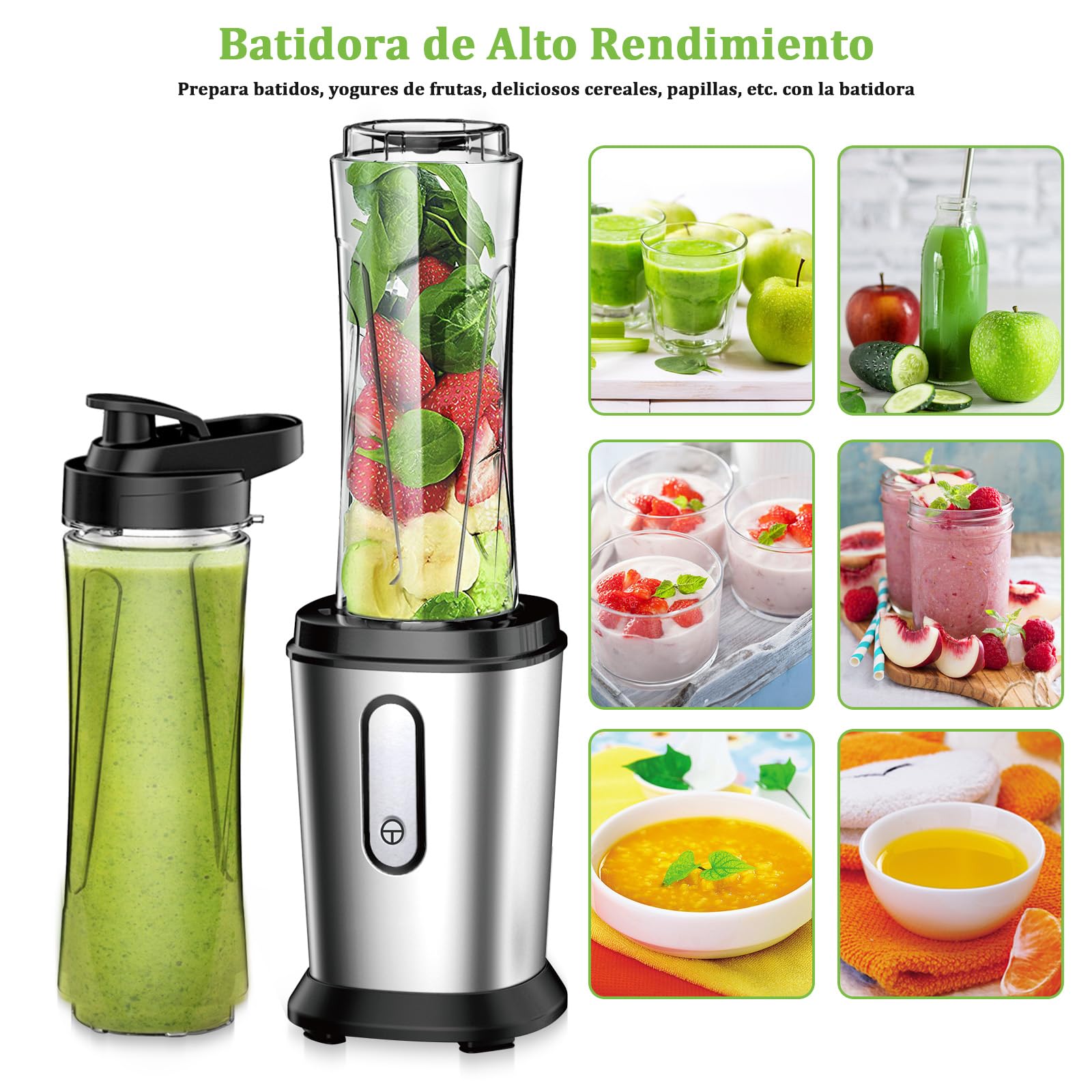 Batidora de Vaso, 500W Mini Portatil Batidora de Vaso Smoothies Individual con 2 Botellas de 600 ml de Plástico Tritan, Licuadora para Zumos, Batidos, Verduras, Frutas