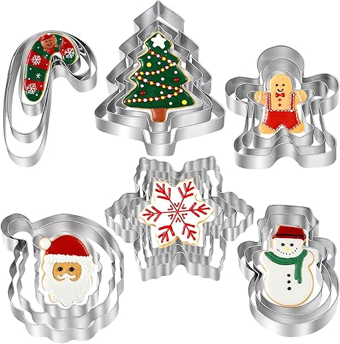 Christmas Cookie Cutters - 18 Pcs Holiday Cookie Cutter Set - Santa Face, Christmas Tree, Snowflake, Gingerbread Men, Snowman and Candy Cane Shapes Cookie Molds for Winter Holiday DIY Baking