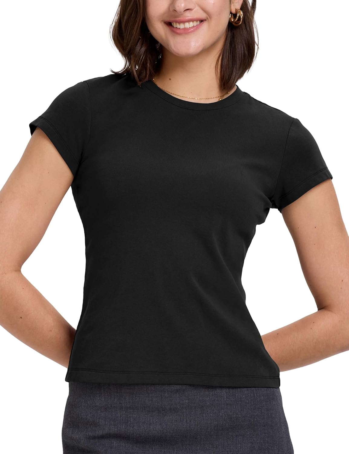 FAIABLE Women's Cotton Baby Tee Stretch Fitted Short Sleeve Crew Neck T-Shirt Slim Fit Basic Top - Image 4