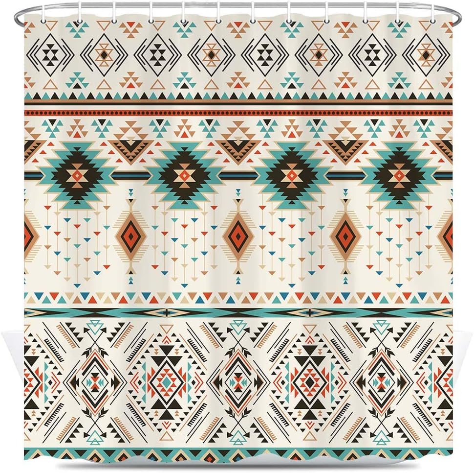 Aztec Shower Curtain for Bathroom, Southwestern Native Tribal Navajo American Ethnic Abstract Triangular Geometric Vintage Bath Curtains, Boho Fabric Bathroom Decor Set with Hooks, 69x78 Beige