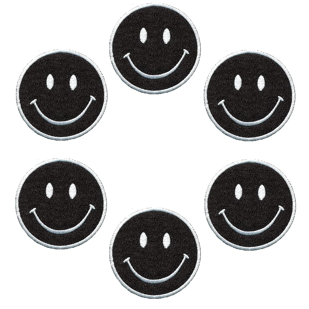 Lot of 6 pcs Round Black Color Funny Smile Face Retro Hippie DIY Iron on Embroidered Patches