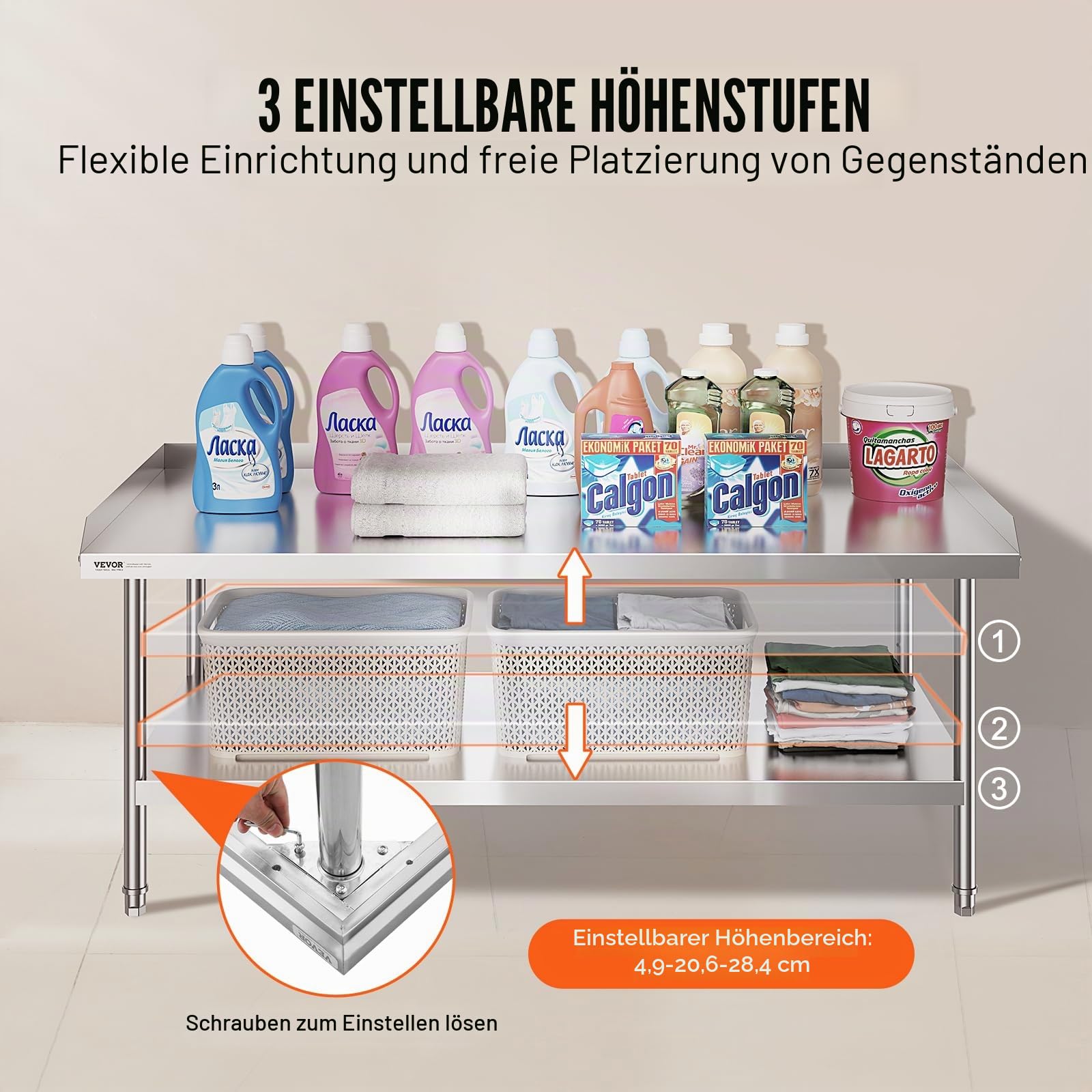 VEVOR Arbeitstisch Edelstahl, gewerblicher Arbeitstisch zur Lebensmittelzubereitung, 3-seitiger Spritzschutz, Arbeitstisch mit Einstellbarer Höhe (762 x 1524 x 660 mm)