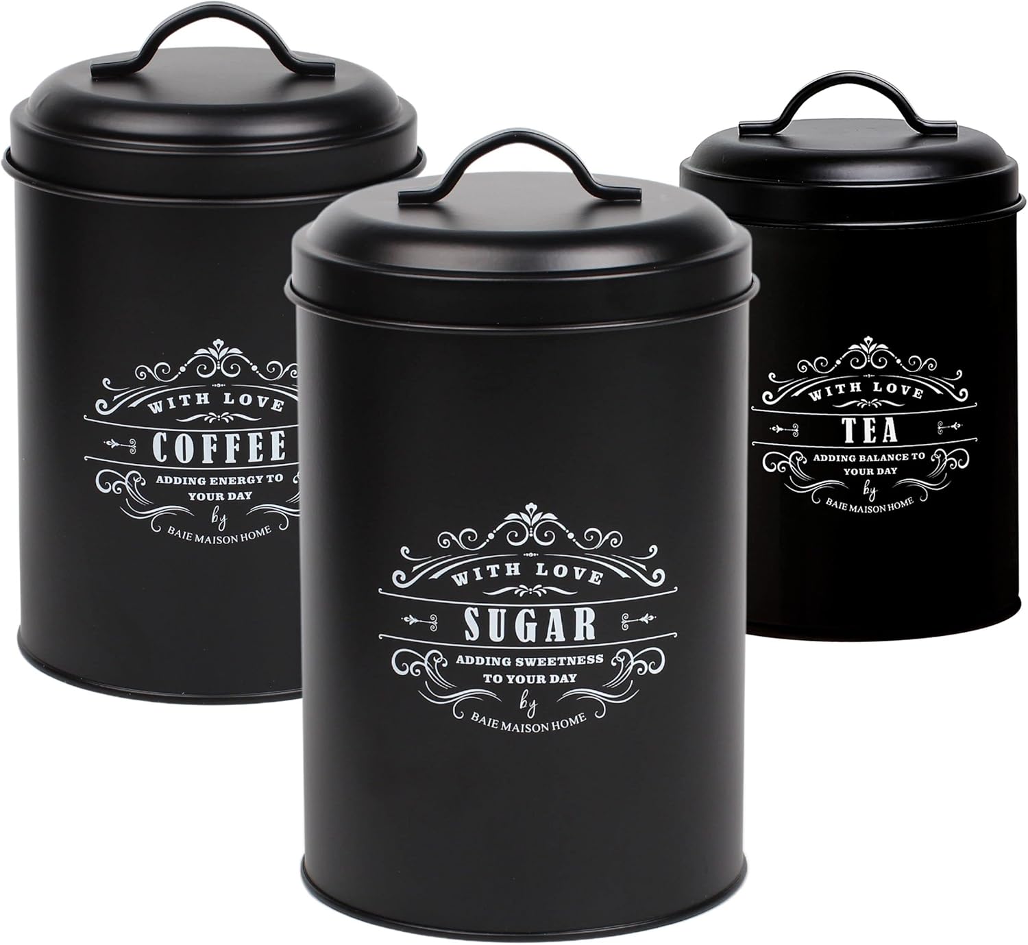 Baie Maison Large Black Kitchen Canisters Set of 3 - Farmhouse Canister Sets for Kitchen Counter - Coffee Tea Sugar Container Set - Rustic Kitchen Canisters for Countertop - Metal Kitchen Decor Jars