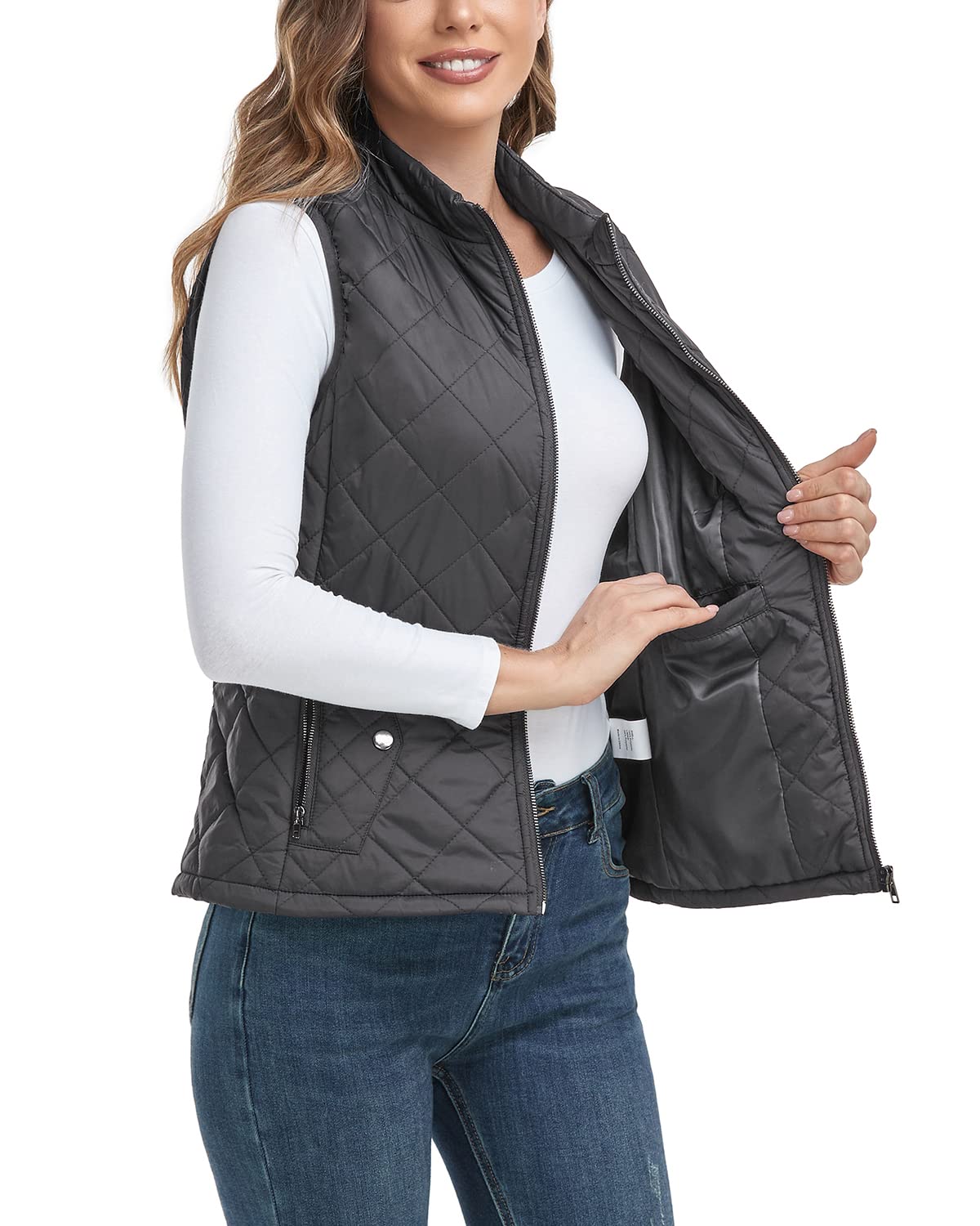 LONGKING Women's Lightweight Vest, Packable Quilted Sleeveless Gilet | 4-Pocket Storage Design, High Collar, Lightweight and Breathable, Machine