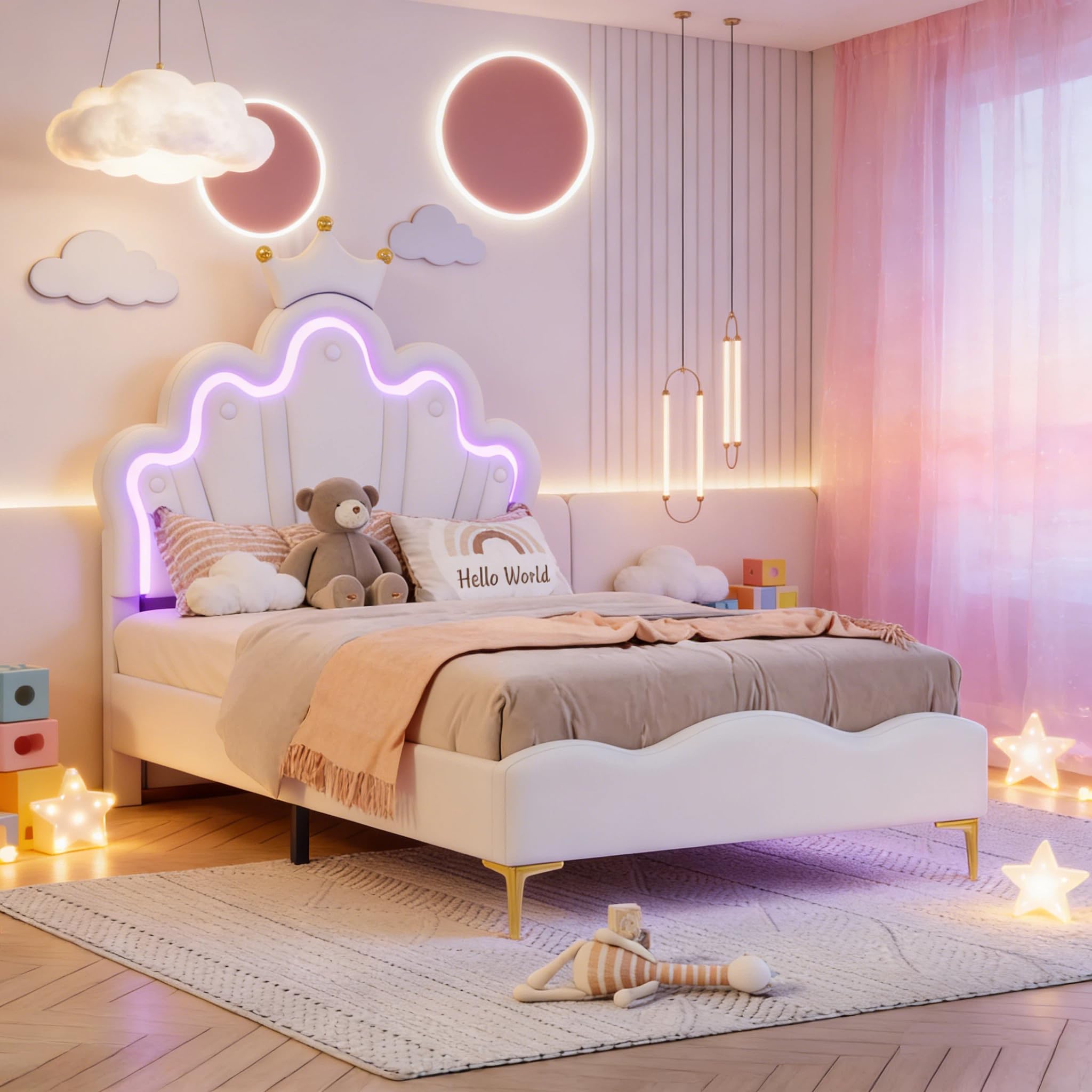 BRILVERDE Cama de Niña 90x200 con LED, Cama Princesa con cabecera coronada, Marco con somier de láminas, para niñas, para niños y adolescentes, PU (blanco, 90x200 cm)