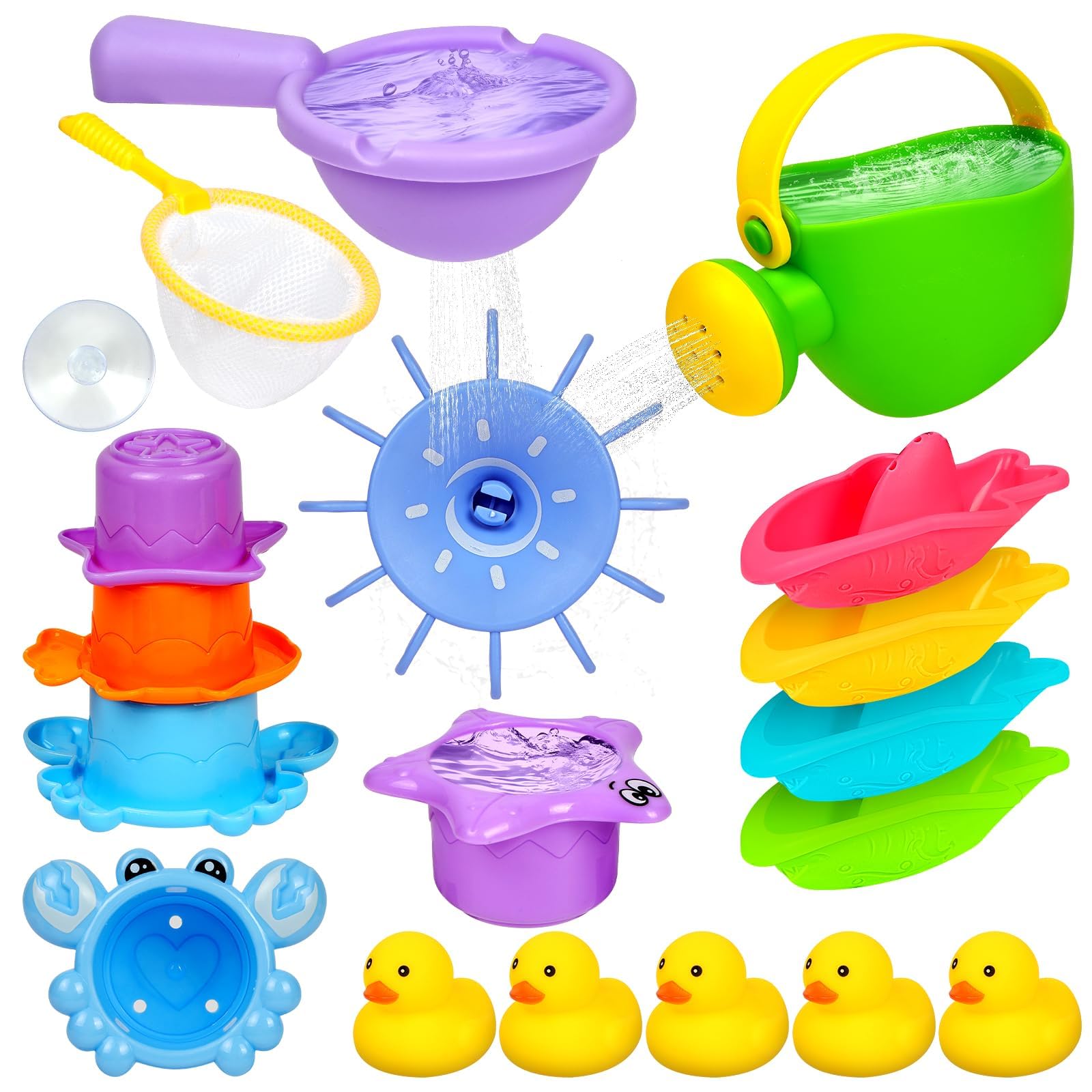 Vicloon Baby Bath Toys for 1 2 3 4 Year Olds Toddler Kids, 16 PCS Mould Free Water Play Swimming Pool Toys, Include Watering Can Bath Boats Bathtub Fishing Game, Safety Rubber Duck Toy