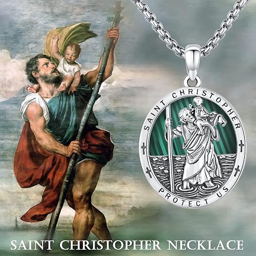 Miniatura 2 de Collar con colgante de plata de ley 925 con diseño de malaquita verde San Cristóbano San Miguel San Sebastián Guadalupeángel gurdiano medalla de