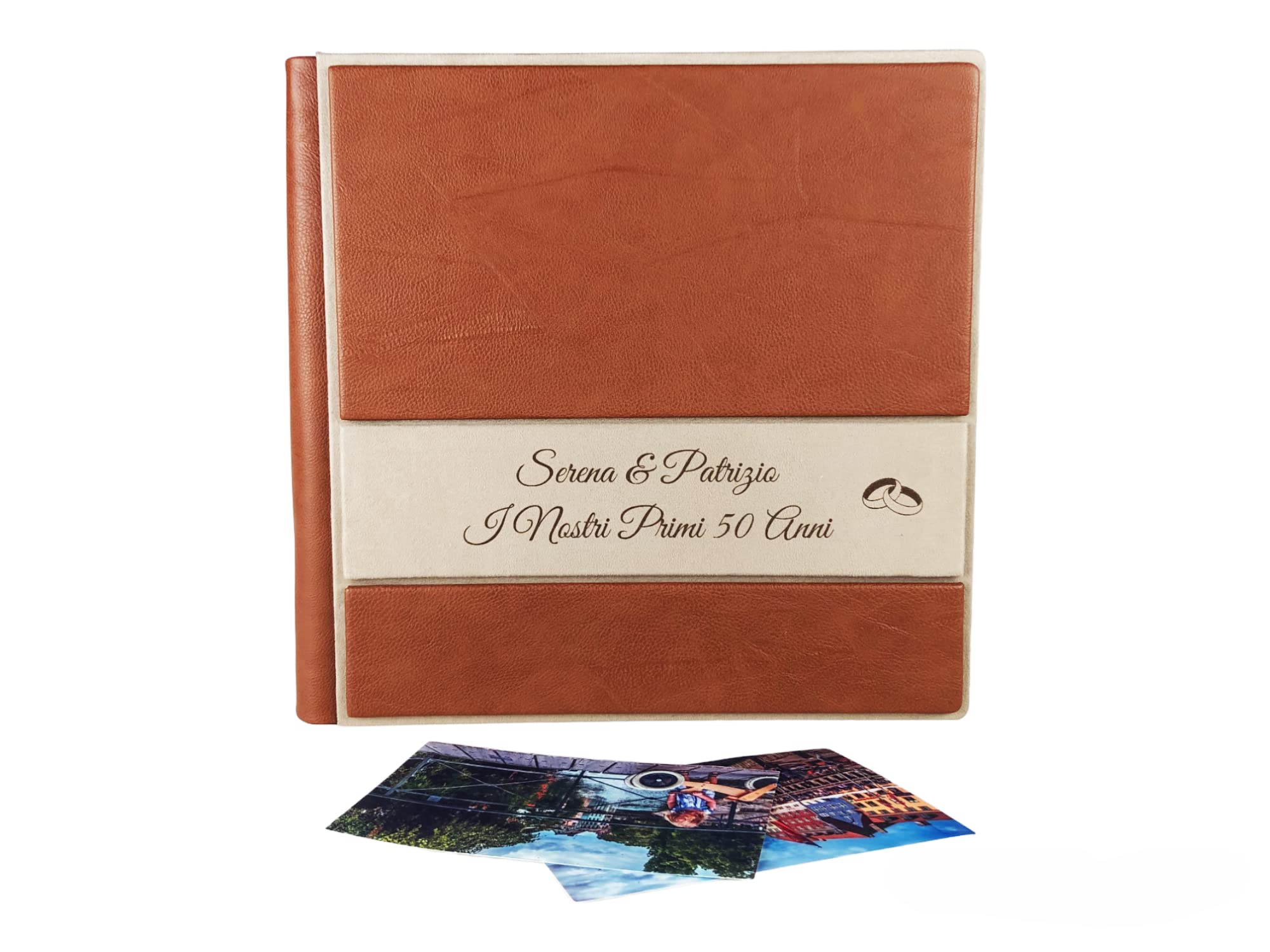 TriVin Art Album Fotografico Artigianale in Alcantara e Similpelle, Personalizzabile con Incisione. Ideale per Qualsiasi Evento. (Marrone Chiaro/Avorio)