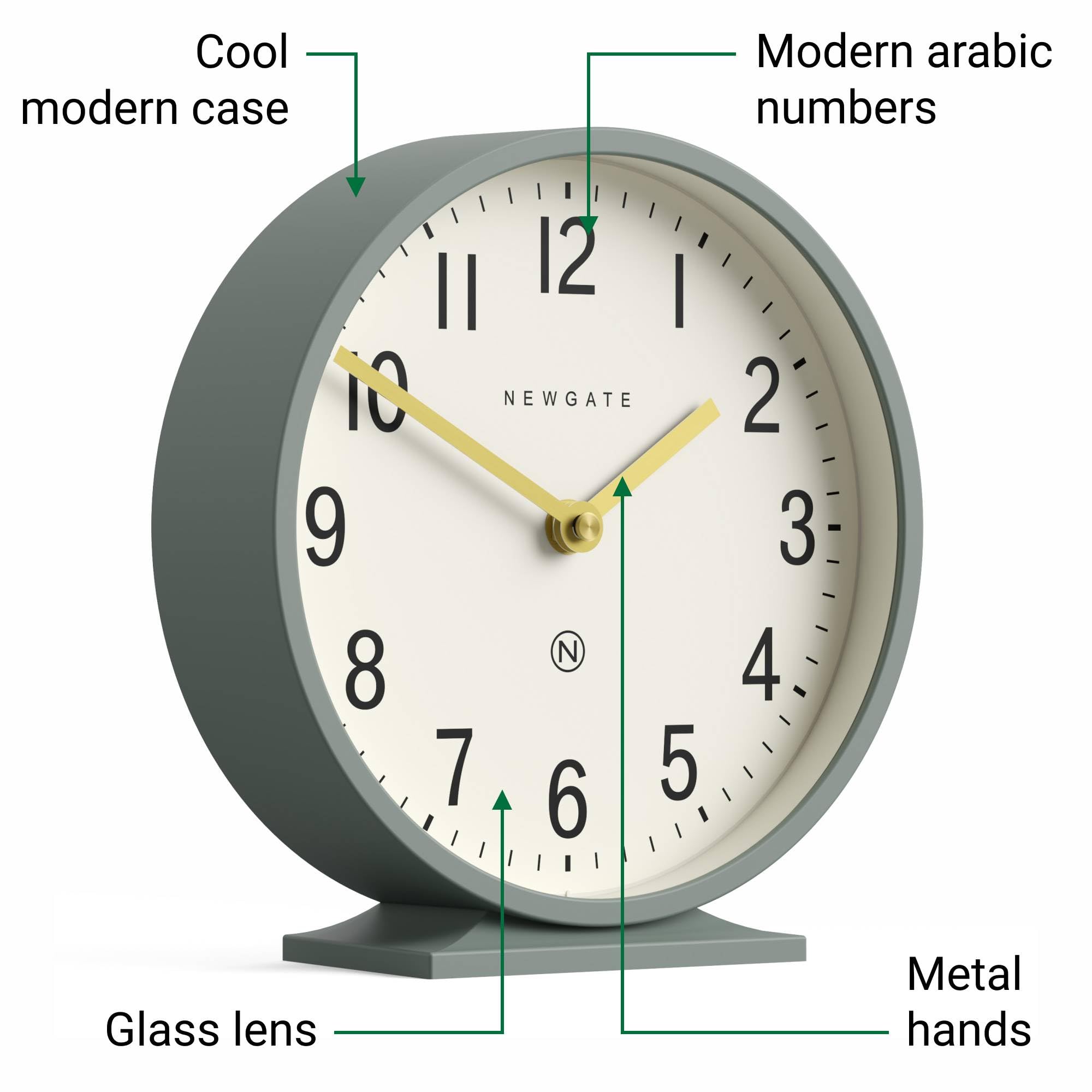 NEWGATE® Q Reloj de repisa | Reloj clásico Moderno de repisa Redonda | Verde de espárragos | Estilo contemporáneo para repisa, Escritorio, Mesa, estantería o mesilla