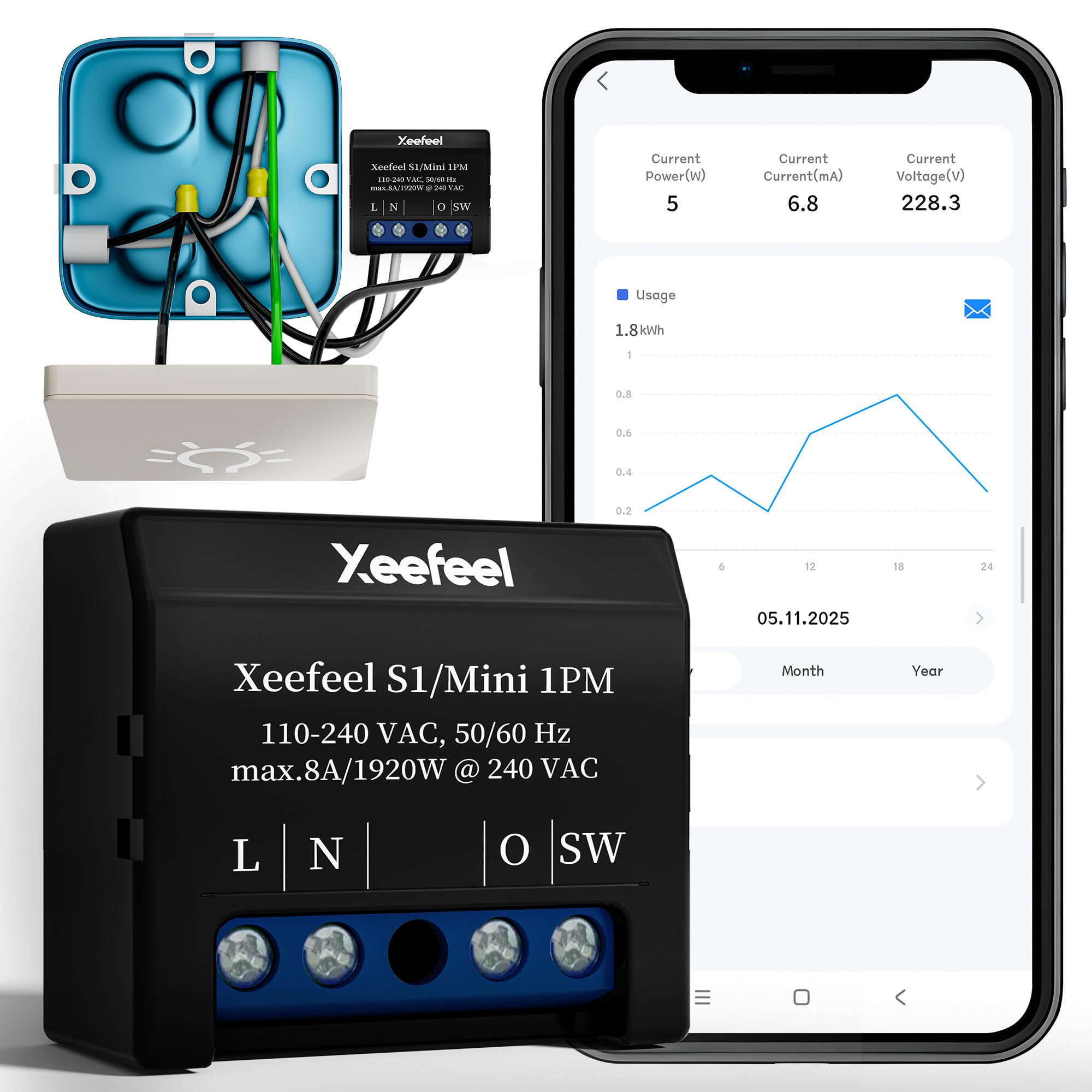Xeefeel Mini 1PM WLAN & Bluetooth Smart Relais Schalter,1 Kanal 8A,Unterputz Lichtschalter mit Wlan-Repeater,Unterstützt Alexa und Google Home Sprachsteuerung,iOS-Android App