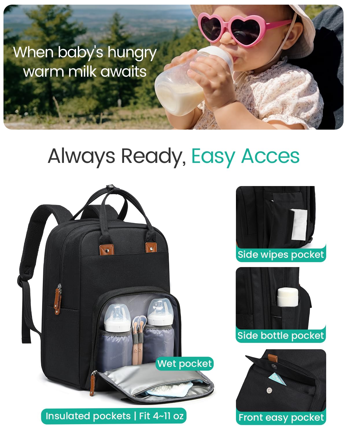 Qualyphant Grande borsa per pannolini per 2 bambini, 17-30 l, espandibile, impermeabile, design di facile accesso, nero, Large, Borsa per pannolini espandibile