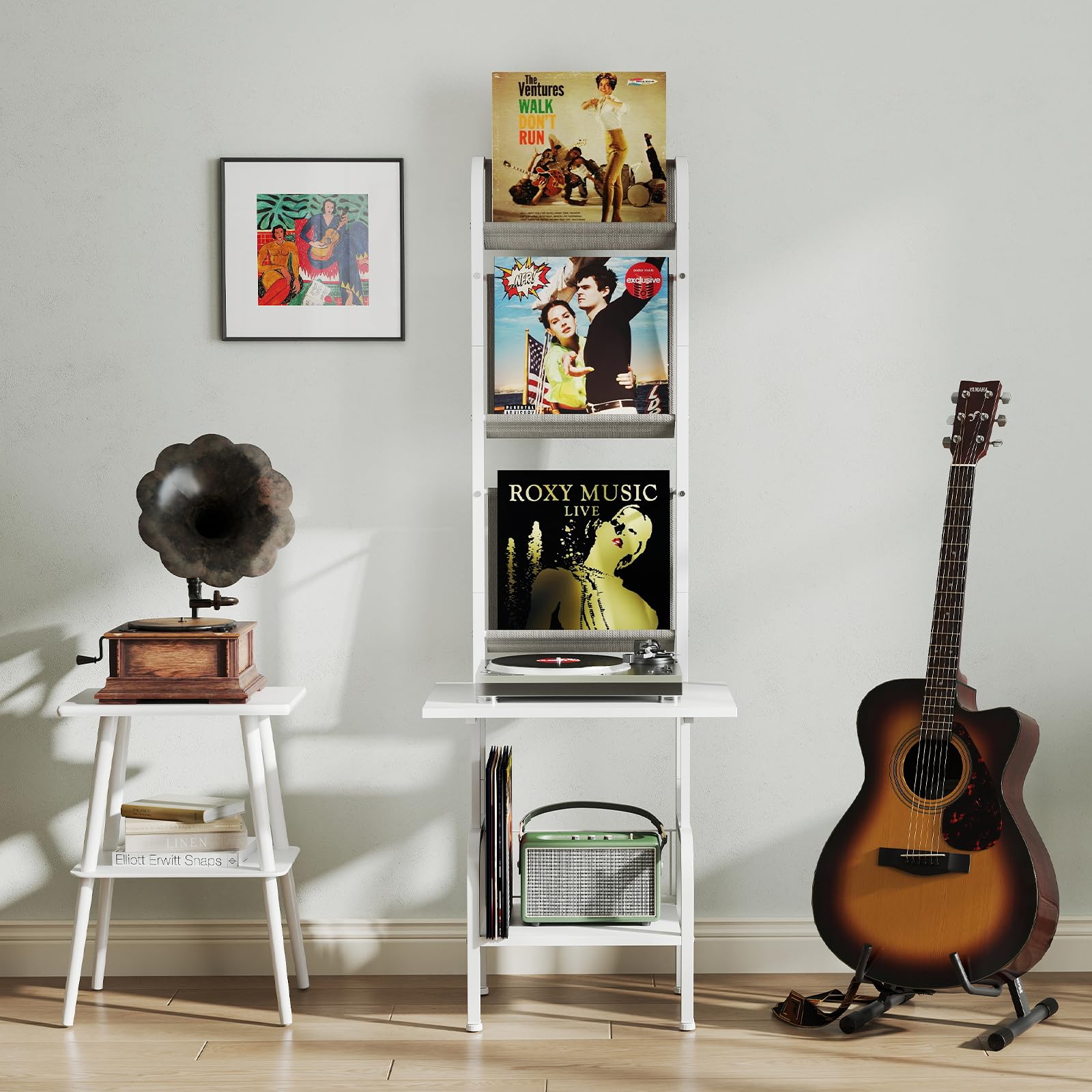 GOPLUS Soporte para Tocadiscos con Almacenamiento de 5 Niveles, Estantería Organizador para Vinilos con Juegos Antivuelco, Soporte para Tocadiscos con 3 Estantes para Discos de Vinilo (Blanco)