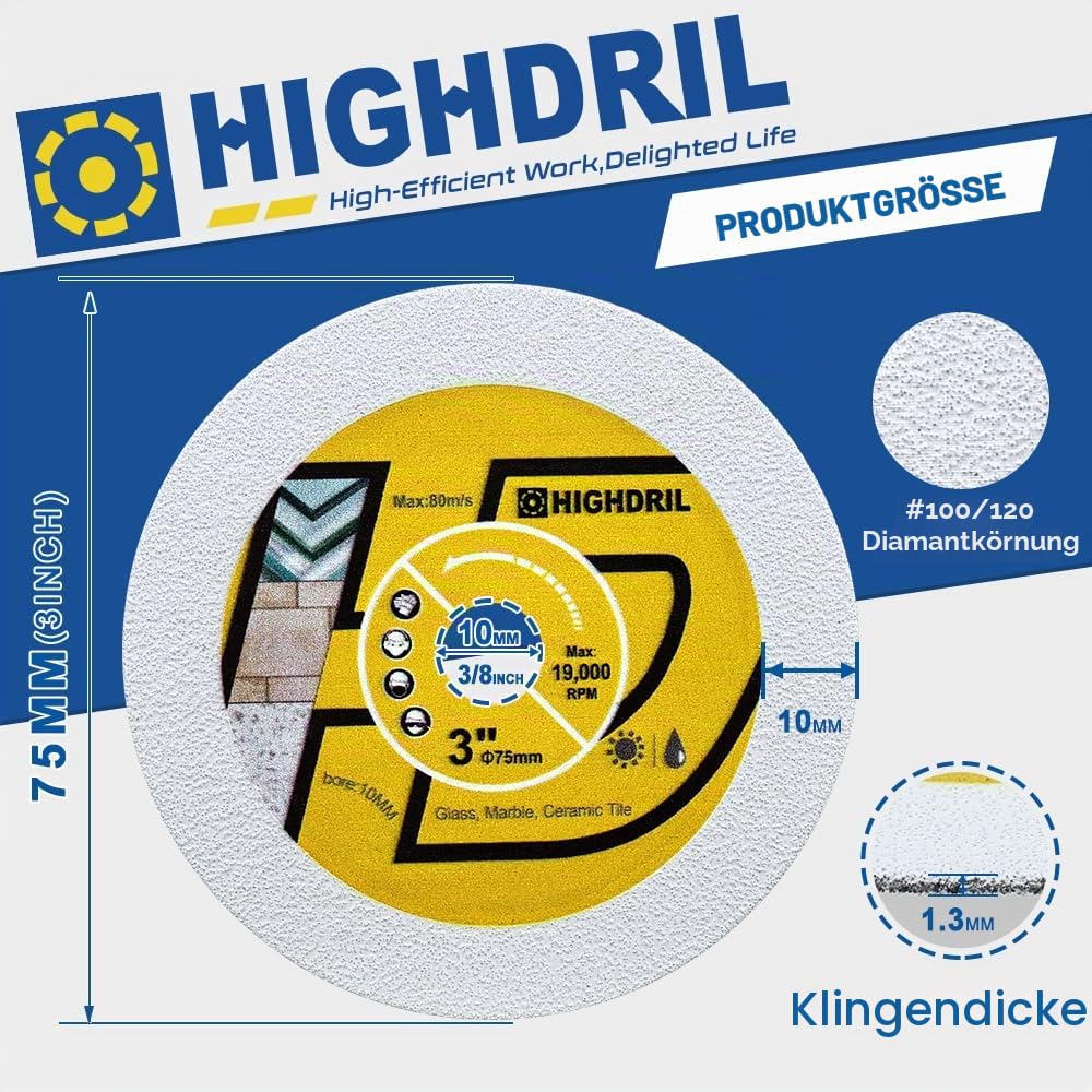 HIGHDRIL Diamant Glas Trennscheibe 75mm x Arbor 10mm - 4 Stk. Kreissägeblatt zum Schneiden von Glas Marmor Fliesen Jade Kristall Weinflasche