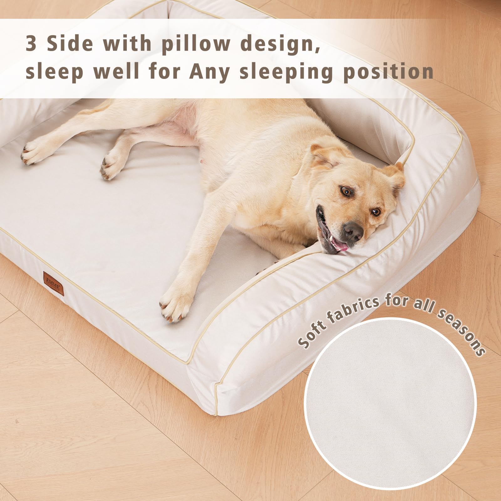 EMME Cuccia per cani di taglia grande, 111 x 86 x 25 cm, ortopedica XL, in memory foam, impermeabile, per cani di taglia grande, lavabile, con bordo, beige